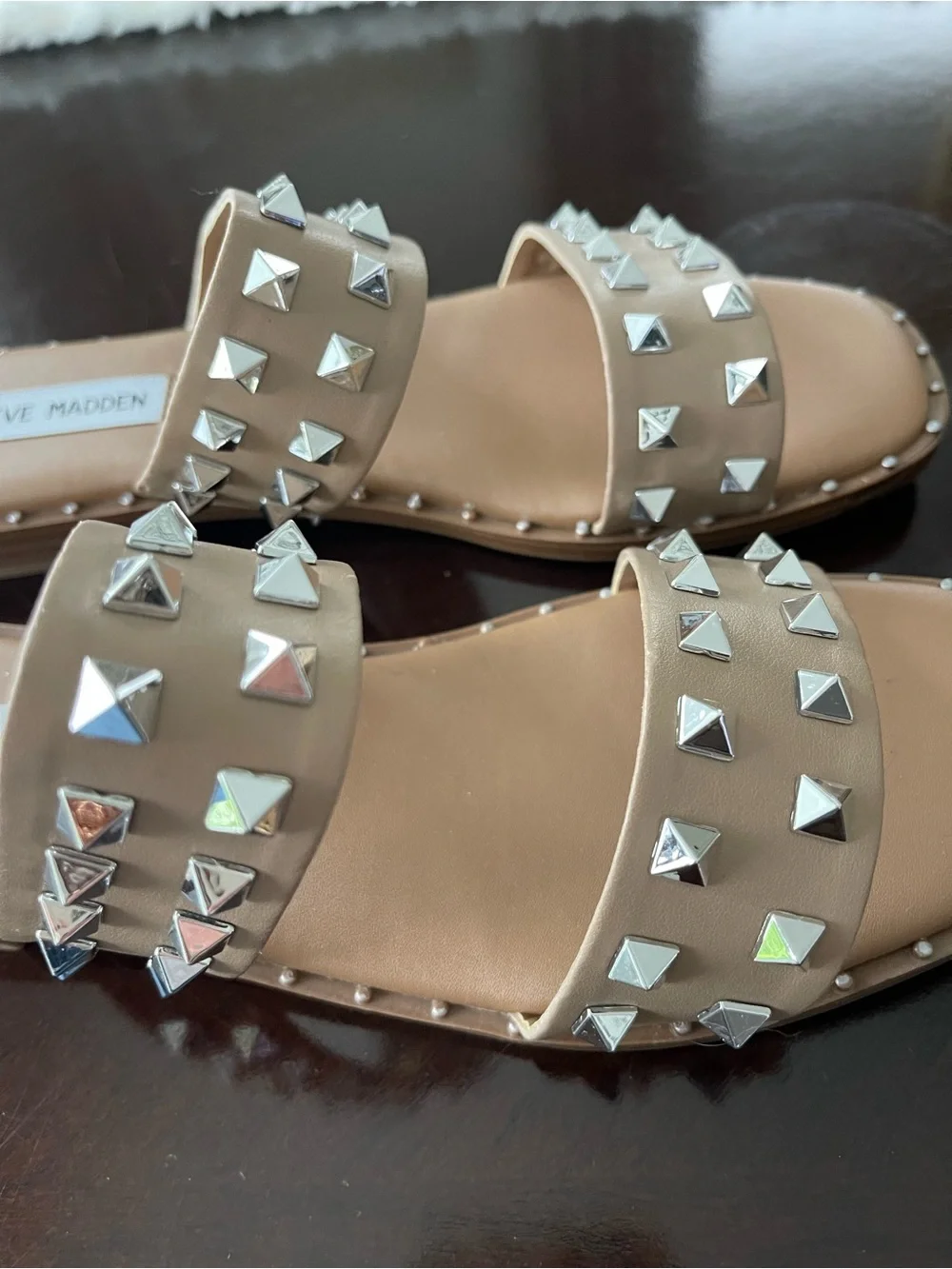 Steve Madden Tan Studded Double-Strap Slide Sandals